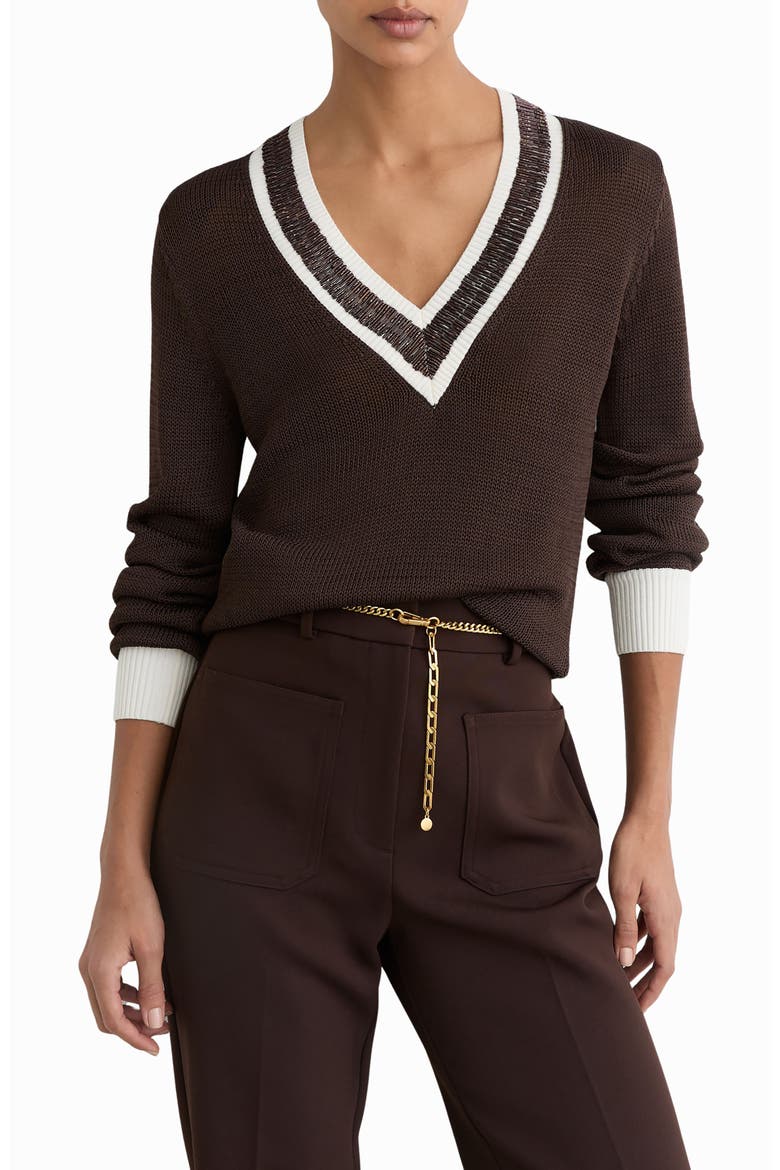 Courtney Beaded Contrast Trim Sweater, Main, color, CHOCOLATE BROWN