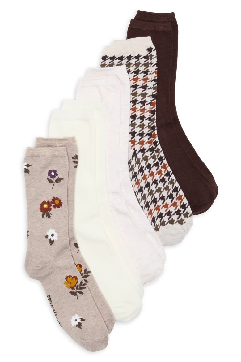 5-Pack Wild Flower Houndstooth Assorted Crew Socks, Main, color, TAUPE