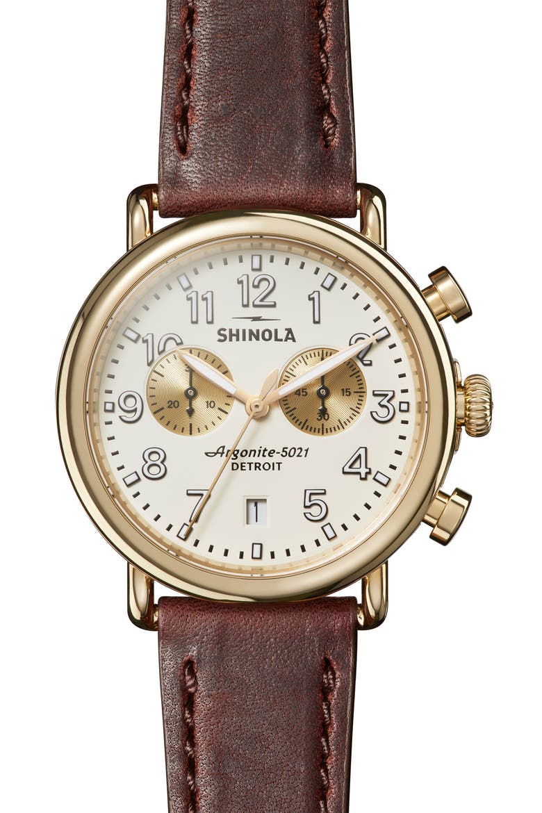 'The Runwell Chrono' Leather Strap Watch, 41mm, Main, color, BROWN CATTAIL/ IVORY/ GOLD