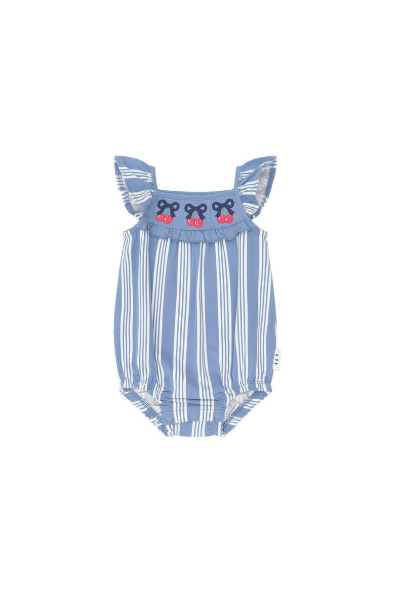 Vintage Stripe Cherry Romper, Main, color, Bijou Blue/Almond Milk