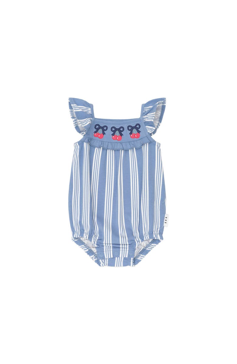 Huxbaby Vintage Stripe Cherry Romper, Main, color, Bijou Blue/Almond Milk