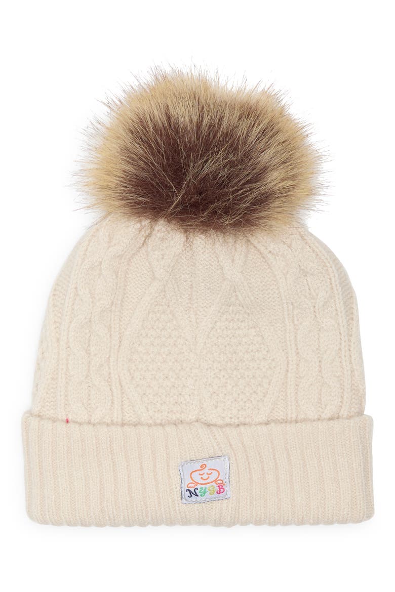 Cable Knit Faux Fur Pompom Hat & Mittens Set, Alternate, color, SLIP