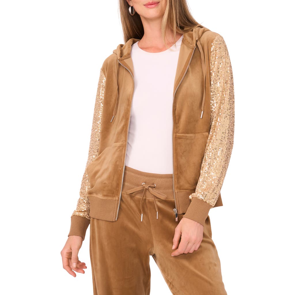 Vince Camuto Sequin Sleeve Hoodie In Brown