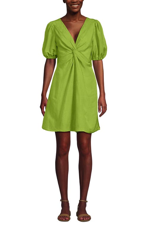 Lands' End Linen Above The Knee Puff Sleeve Dress In Green