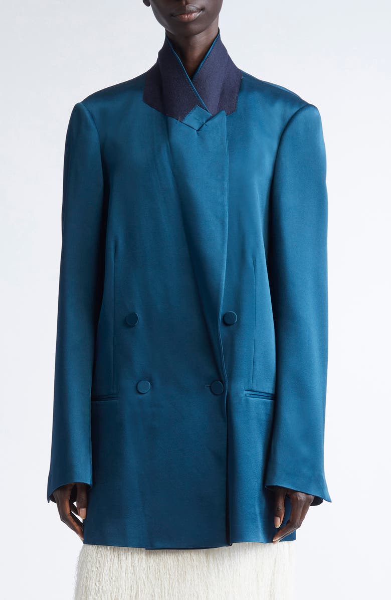 Dries Van Noten Blink Double Breasted Oversize Satin Jacket, Main, color, Petrol