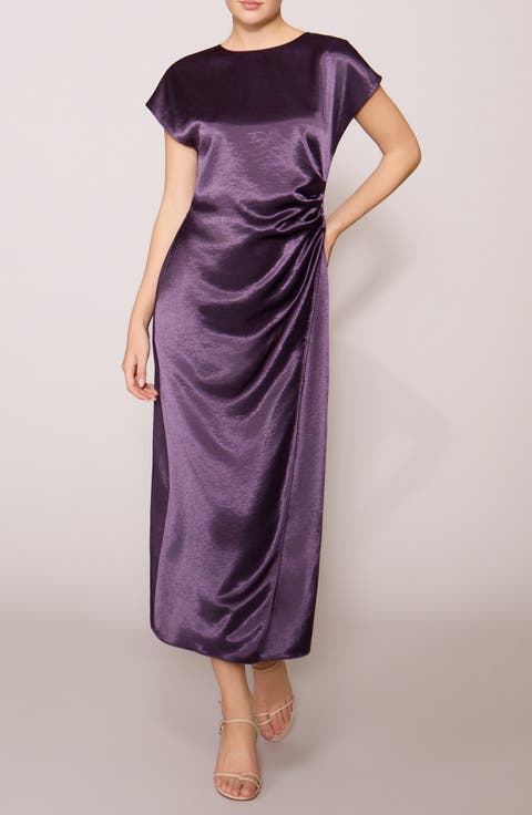 Cap Sleeve Side Cinched Satin Midi Dress