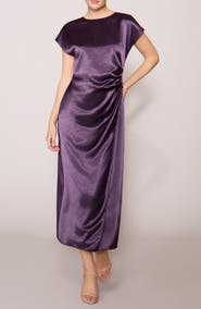 MELLODAY Cap Sleeve Side Cinched Satin Midi Dress