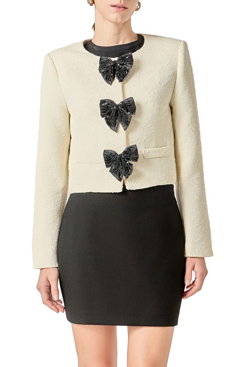 Sequin Bow Jacquard Crop Jacket, Main, color, CREAM