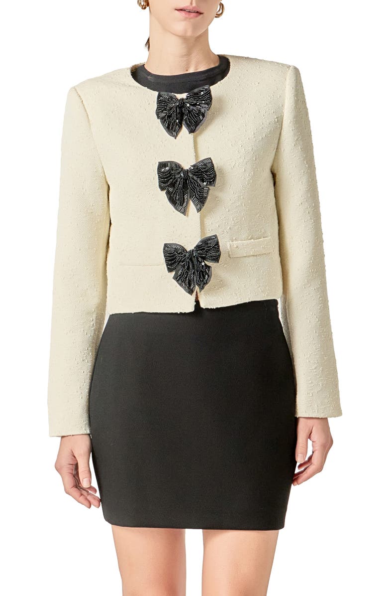 English Factory Sequin Bow Jacquard Crop Jacket, Main, color, Cream