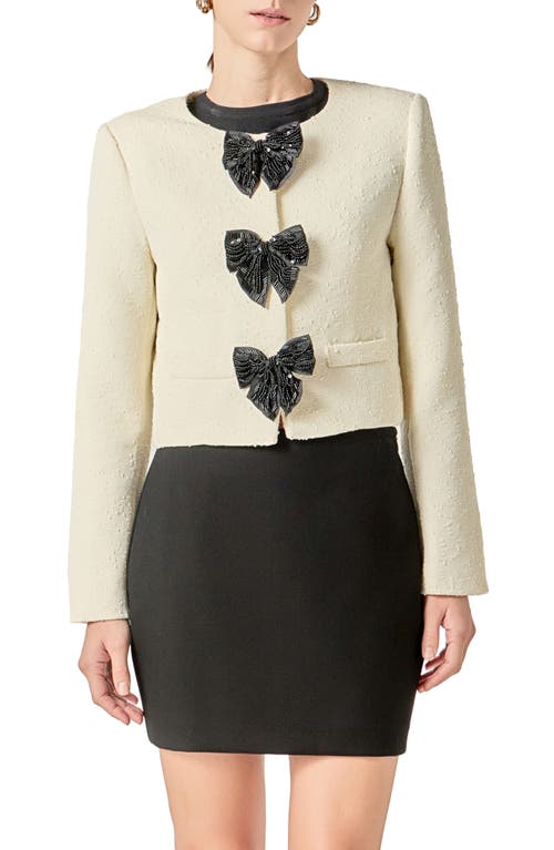 English Factory Sequin Bow Jacquard Crop Jacket In Neutral