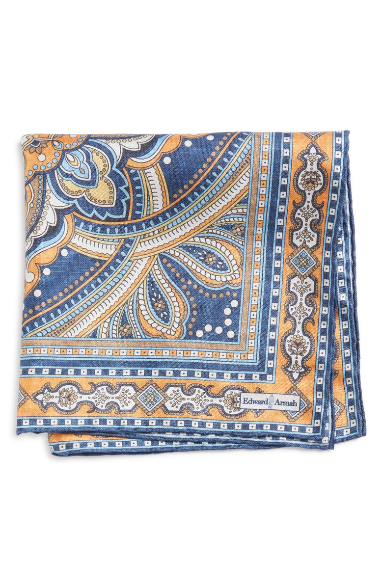 EDWARD ARMAH Persian Print Silk Pocket Square, Main, color, Denim