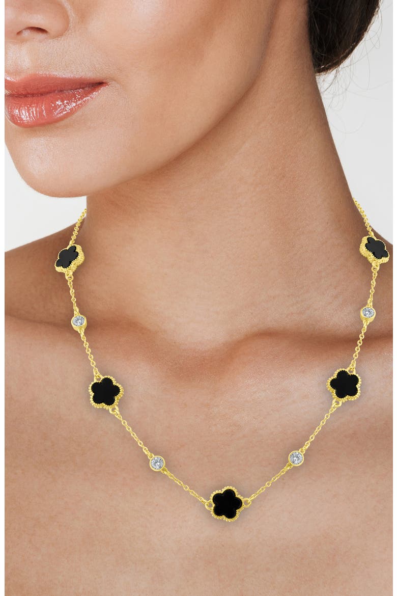Cubic Zirconia & Black Clover Station Necklace, Alternate, color, BLACK/ GOLD