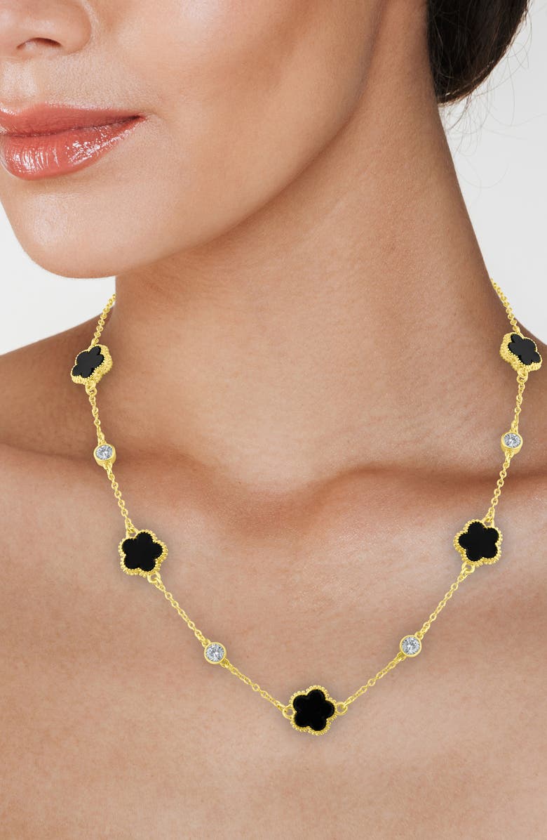 CZ by Kenneth Jay Lane Cubic Zirconia & Black Clover Station Necklace, Alternate, color, Black/ Gold