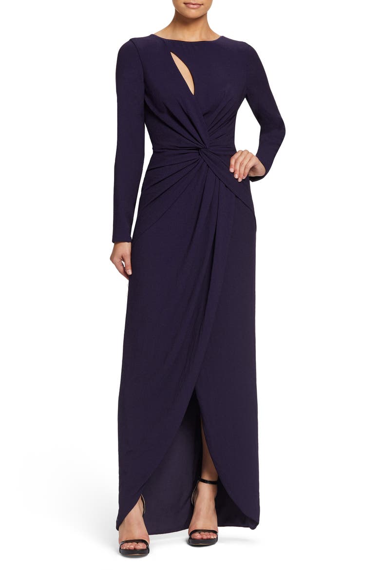 Naomi Long Sleeve Twist Crepe Gown, Main, color, BOYSENBERRY