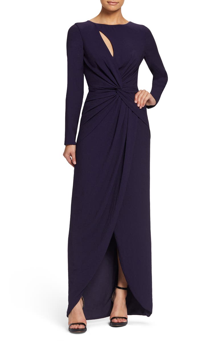 Dress the Population Naomi Long Sleeve Twist Crepe Gown, Main, color,