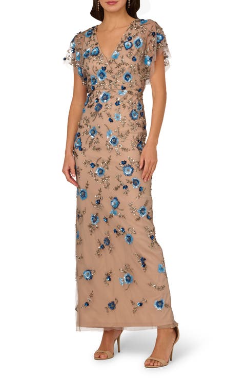 Beaded Mesh Column Gown