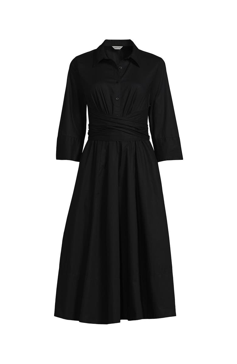 Lands' End Poplin Midi Wrap Front Dress, Alternate, color, Black