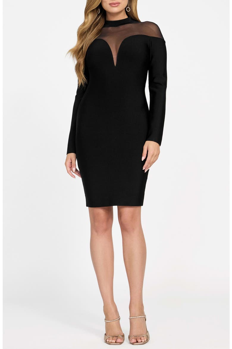 Diana Illusion Lace Detail Long Sleeve Body-Con Minidress, Main, color, BLACK