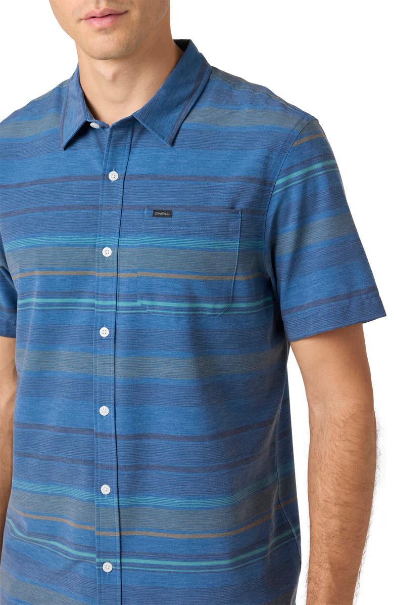 O'Neill TRVLR UPF Traverse Stripe Short Sleeve Performance Button-Up Shirt, Alternate, color, Midnight Navy