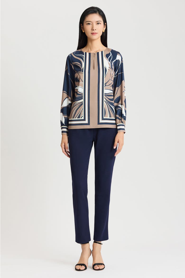 Floral Abstract Crepe de Chine Blouse, Alternate, color, Warm Taupe/Indigo/Ivory