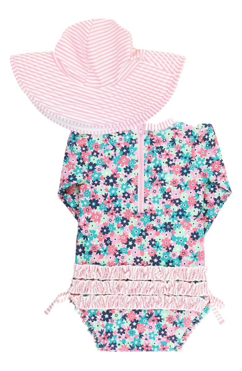 RuffleButts Water Lilies One-Piece Rashguard Swimsuit & Hat Set, Alternate, color, 