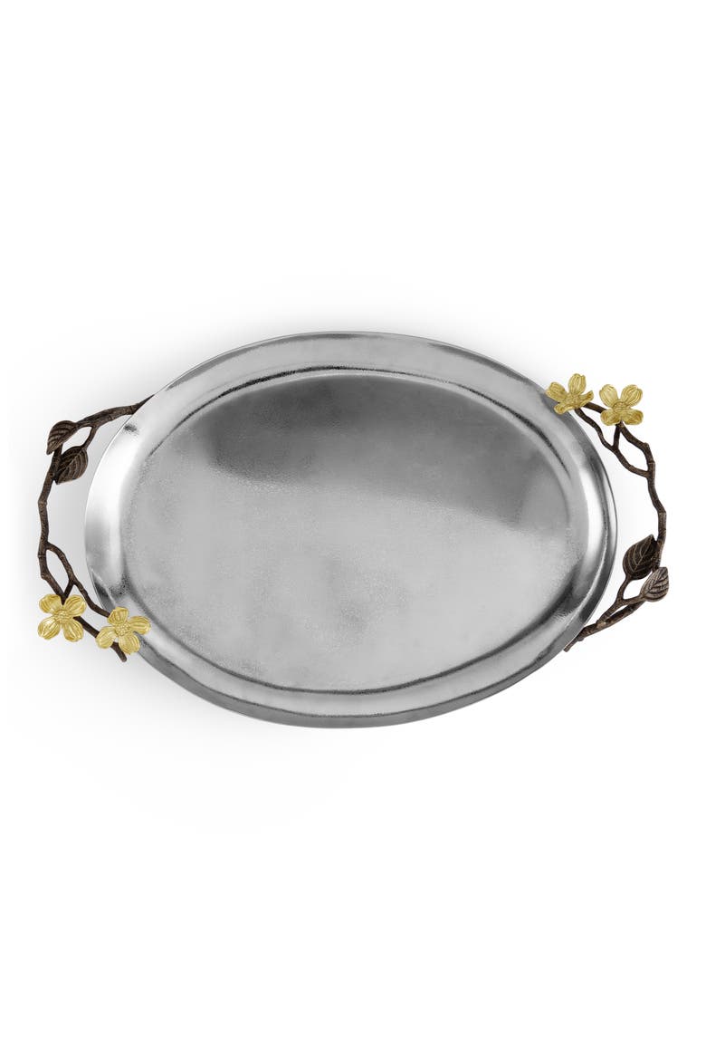 Dogwood Oval Metal Serving Tray, Alternate, color, SILVER/ GOLD