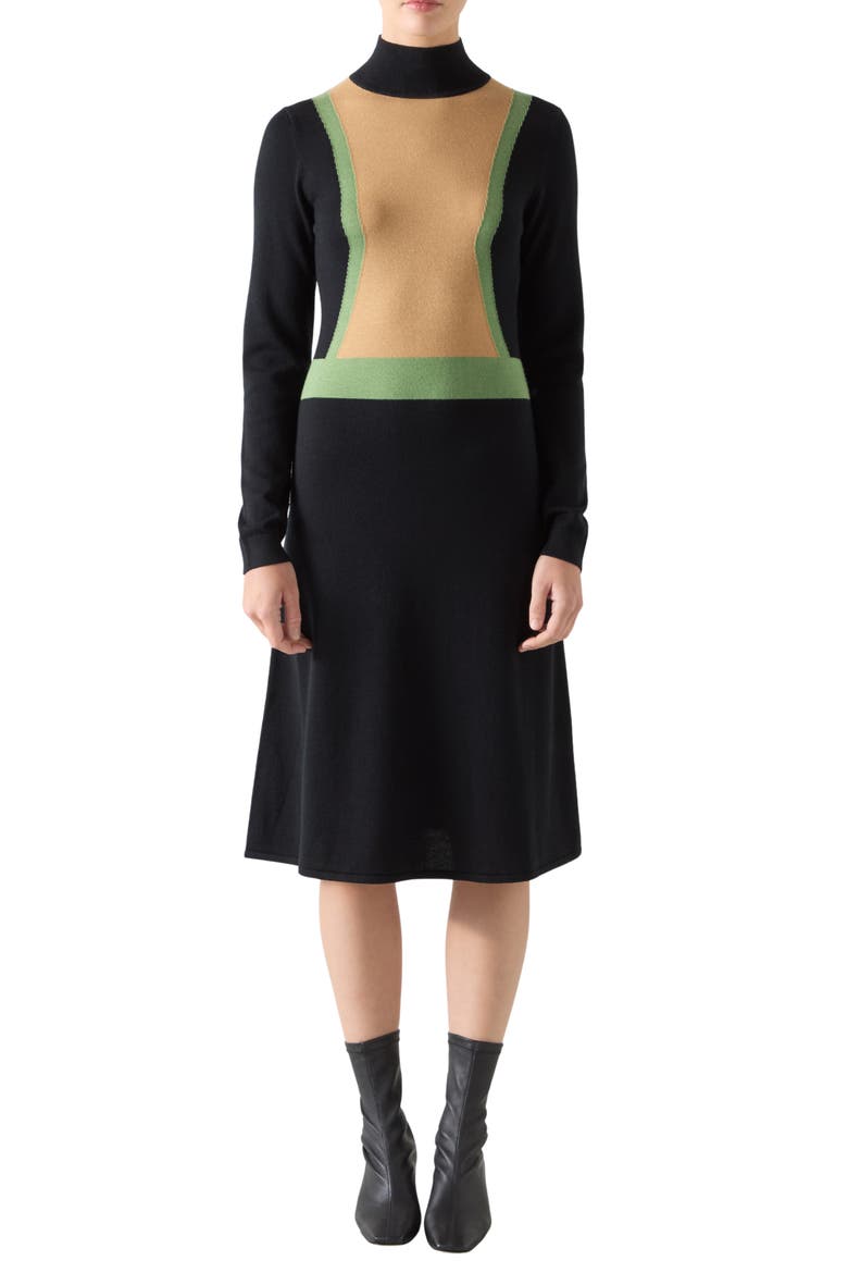 Natalia Colorblock Long Sleeve Merino Wool & Cotton Sweater Dress, Main, color, BLACK