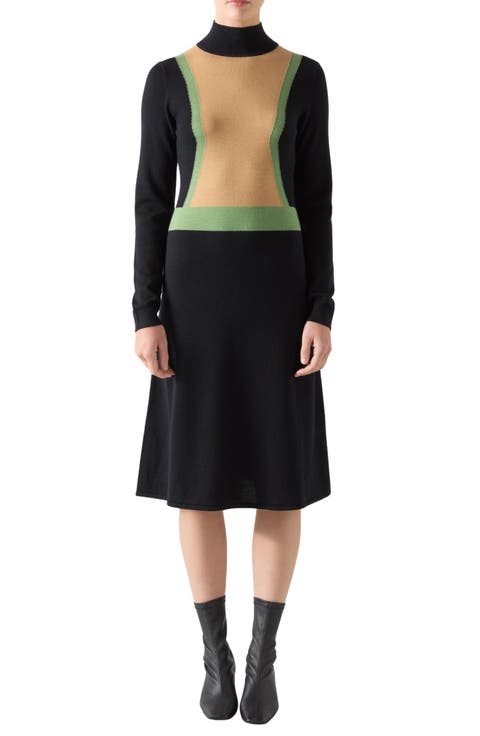 Natalia Colorblock Long Sleeve Merino Wool & Cotton Sweater Dress