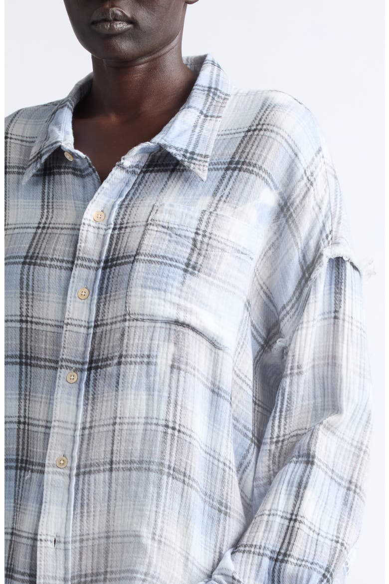 Shredded Seam Drop Neck Plaid Flannel Button-Up Shirt, Alternate, color, BLUE BLEACHED PLAID