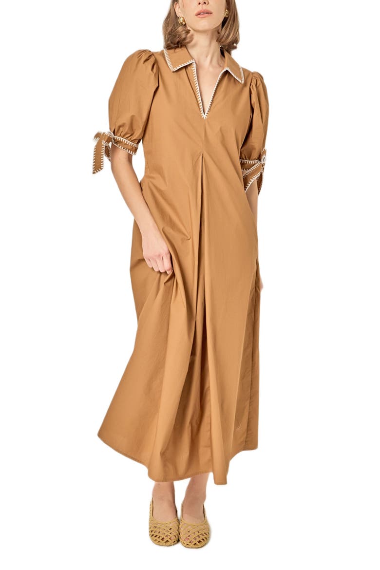 Contrast Stitch A-Line Midi Dress, Alternate, color, BROWN
