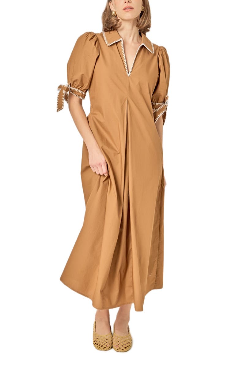 English Factory Contrast Stitch A-Line Midi Dress, Alternate, color, Brown