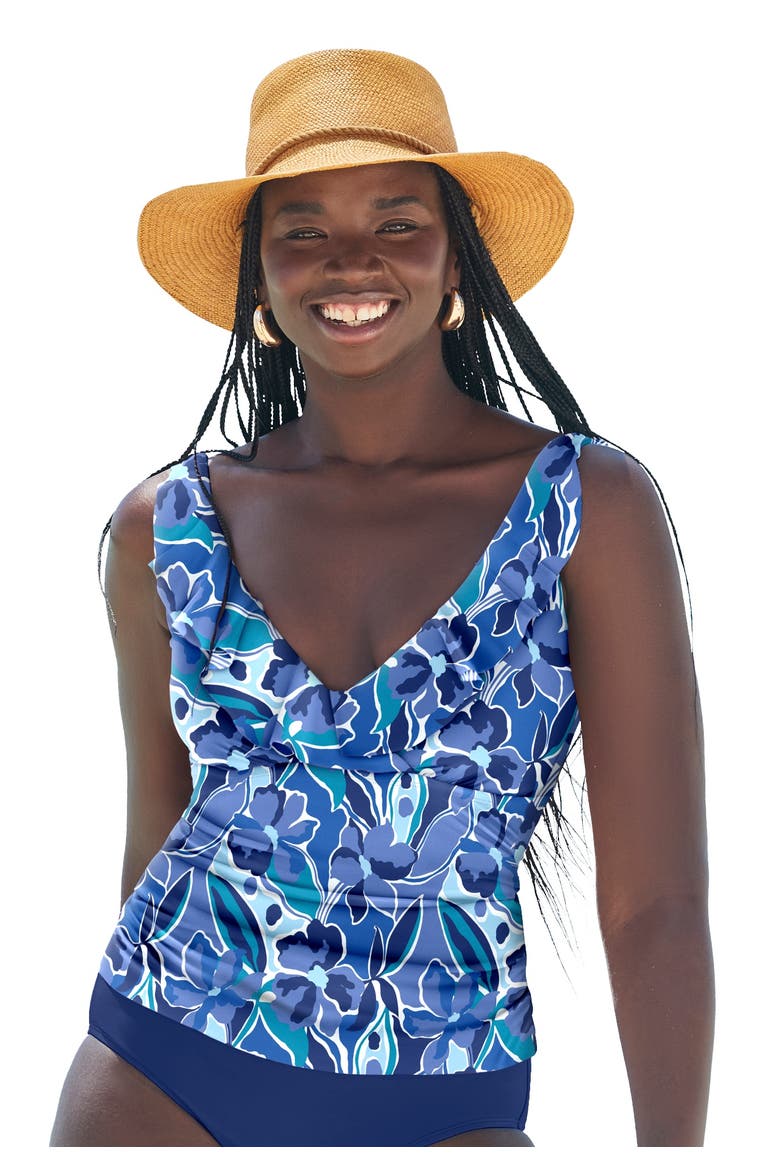 Ruffle V Neck Tankini Top, Main, color, Blue Paradise