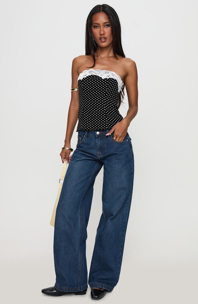 Princess Polly Ettore Lace Trim Polka Dot Strapless Top, Alternate, color, Black Polka