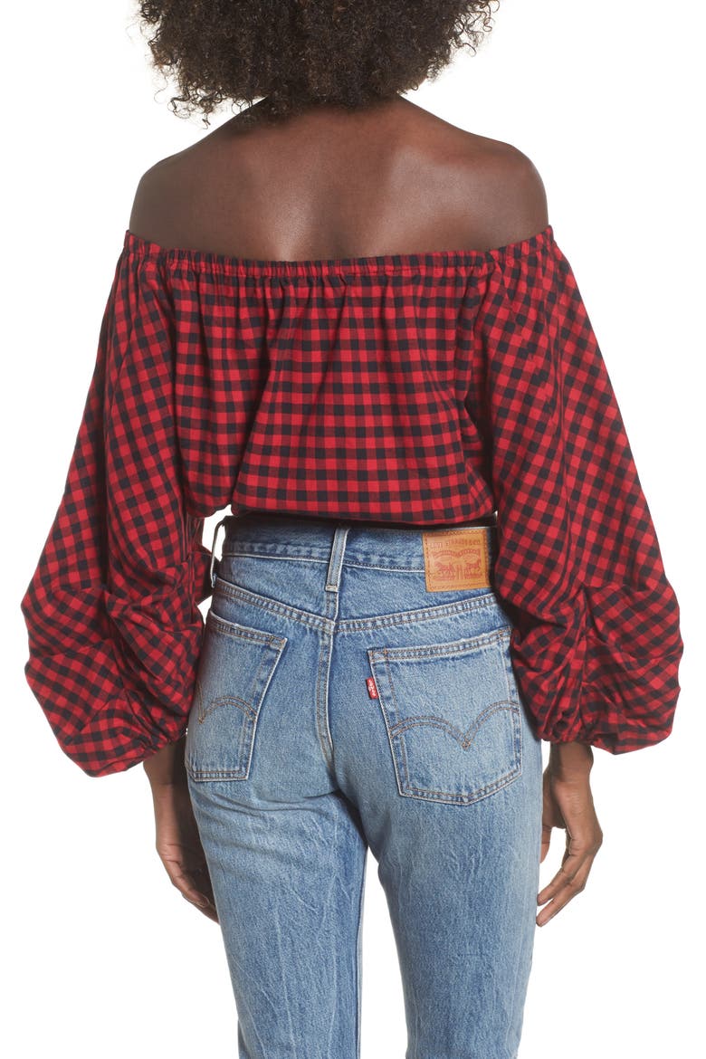 Plaid Off the Shoulder Crop Top, Alternate, color, RED/ BLACK