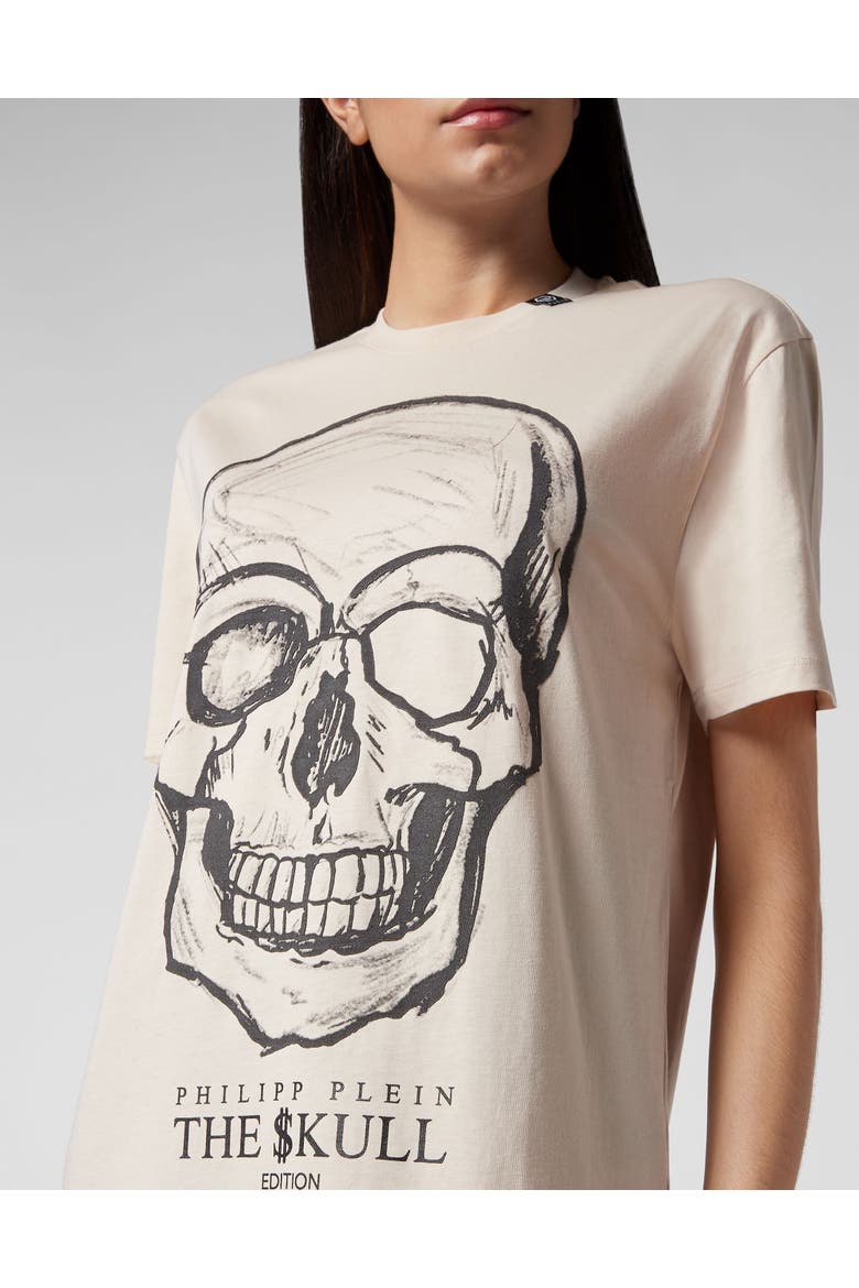 T-Shirt Round Neck Ss Print Skull Women, Alternate, color, beige
