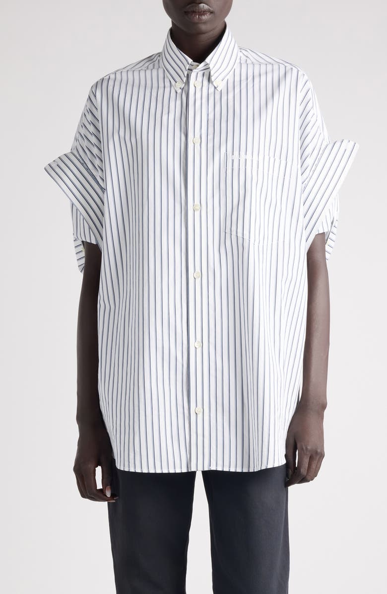 Balenciaga Tucked Short Sleeve Button-Down Shirt, Main, color, 9086 White/ Blue
