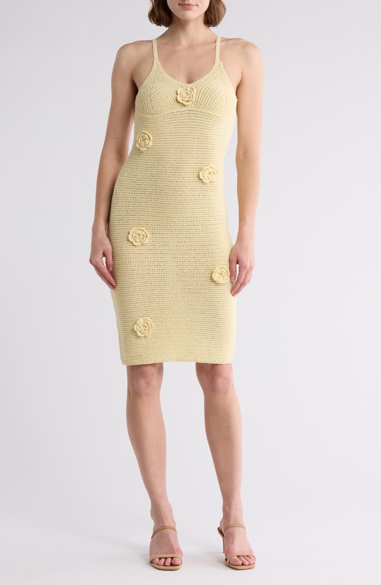 Lush Flower Appliqué Openwork Body-Con Sweater Dress, Main, color, Yellow