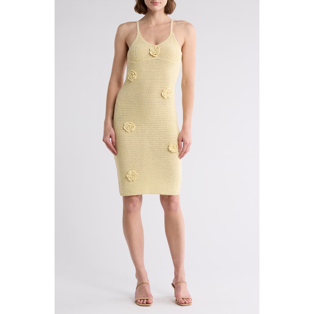 Lush Flower Appliqué Openwork Body-con Sweater Dress In Yellow