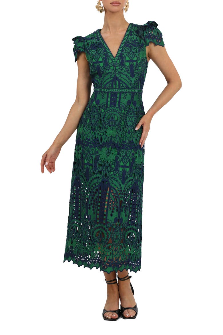 Lace Midi Dress, Main, color, NAVY EMERALD