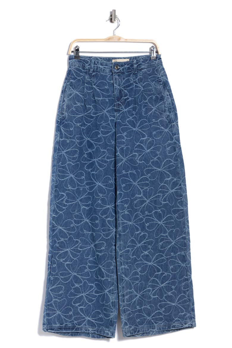 Embroidered Floral High Waist Wide Leg Jeans, Main, color, BLUE WHITE/ INDIGO WASH