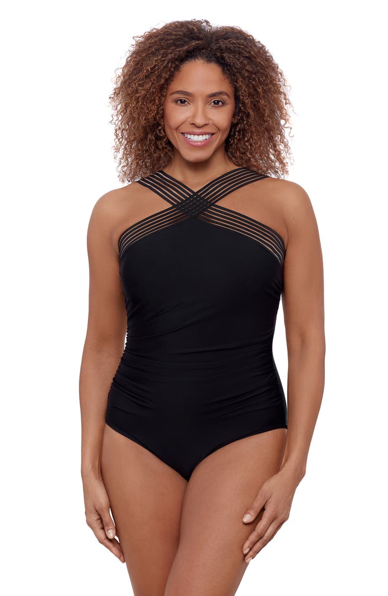 Aqua Green High Criss Cross Neck Full Coverage Novelty Trim One-Piece Swimsuit, Main, color, Black