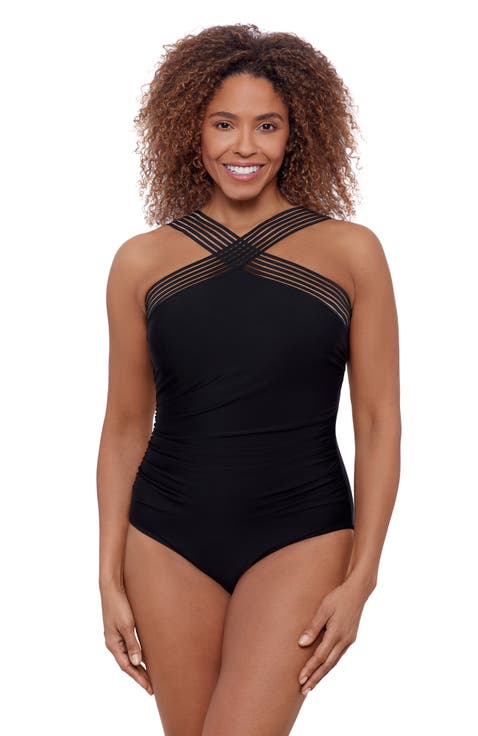 High Criss Cross Neck Full Coverage Novelty Trim One-Piece Swimsuit