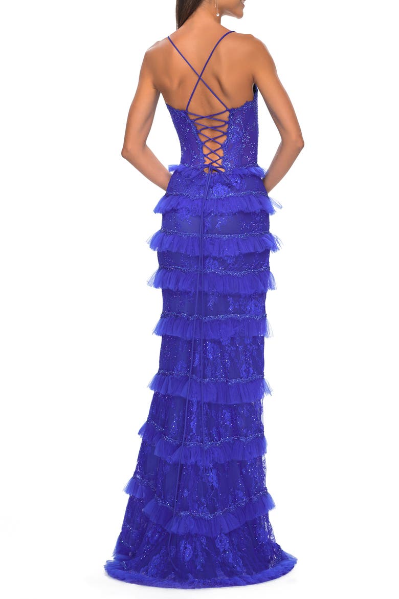 Fitted Ruffle Skirt Lace Dress with Illusion Bodice, Alternate, color, Royal Blue