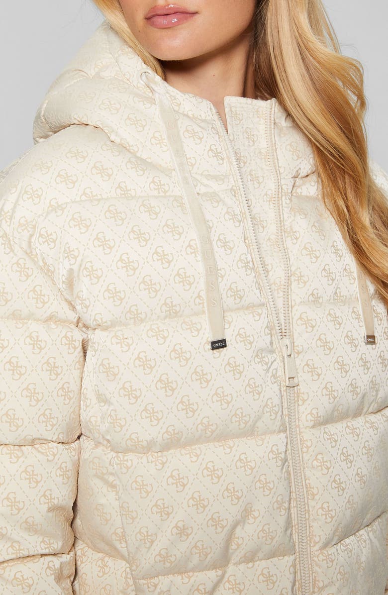 GUESS Daisy Flock Logo Puffer Coat, Alternate, color, Beige