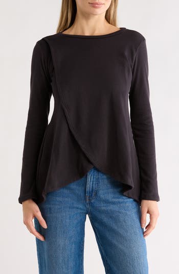 GO COUTURE Long Sleeve Cross Hem T-Shirt in Black at Nordstrom Rack, Size Medium