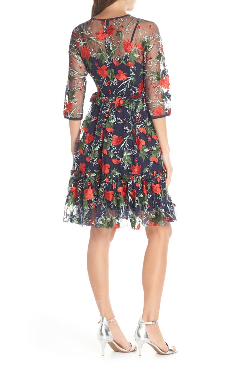 Embroidered Mesh Fit & Flare Dress, Alternate, color, RED FLORAL