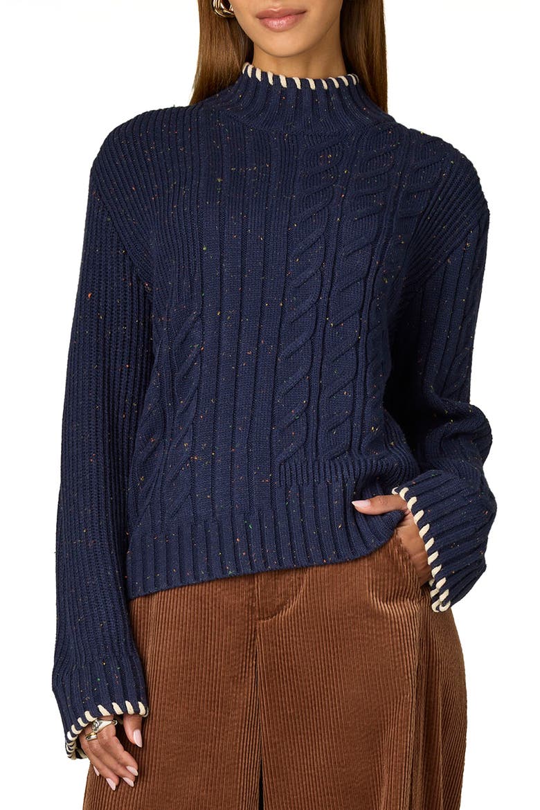 Cable Stitch Mock Neck Sweater, Main, color, NAVY