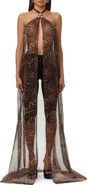 Naked Wardrobe Leopard Print Halter Chiffon Tunic Top