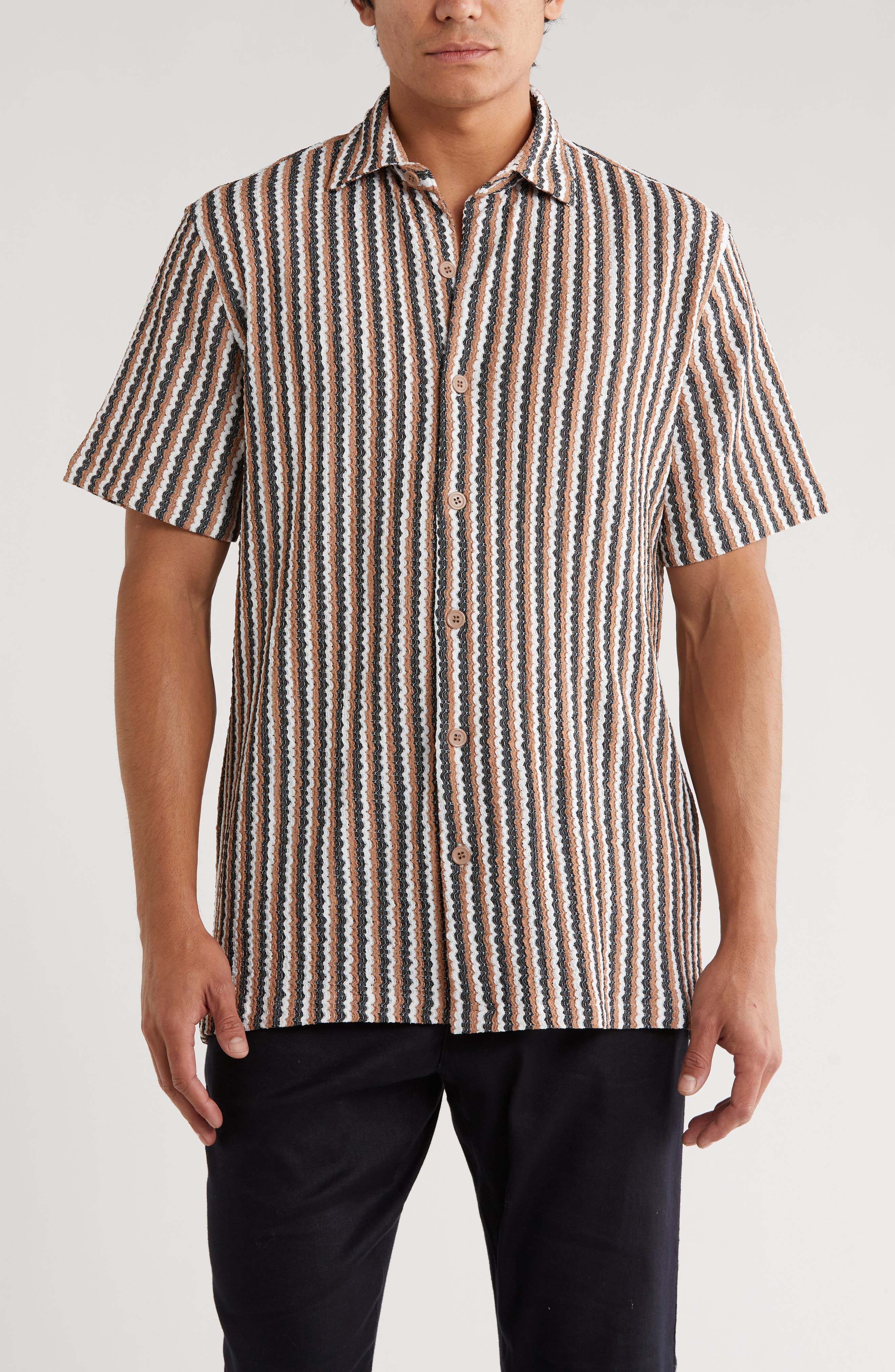 T.R. PREMIUM Stripe Knit Short Sleeve Button-Up Shirt