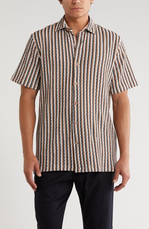 Stripe Knit Short Sleeve Button-Up Shirt